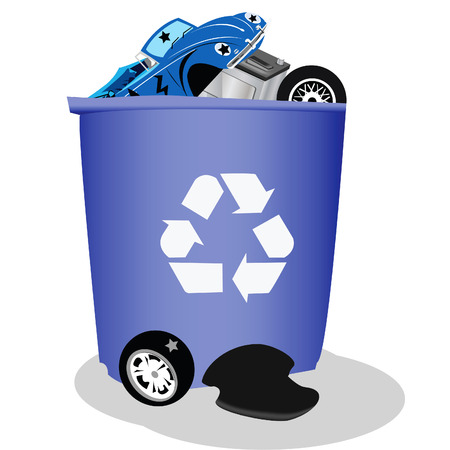 Fun vector illustration of a large recycle bin filled with cars and car partsのイラスト素材