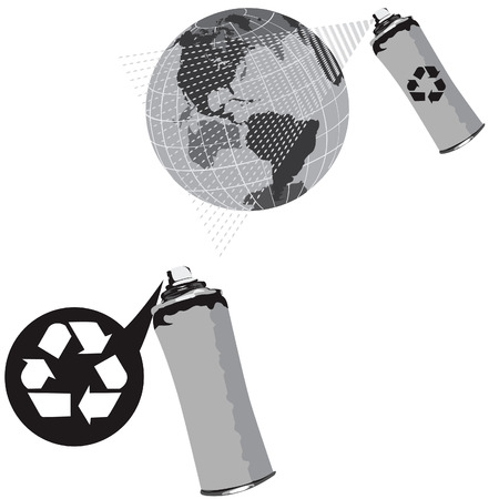 Two fun black and white vector illustrations of recycle spray.のイラスト素材