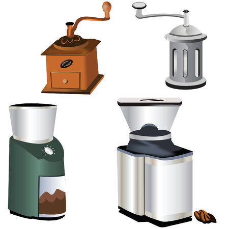 Collection of four coffee grinders isolated on white backgroundのイラスト素材