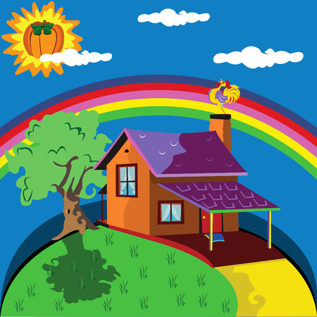 Vector illustration of a lonely house with a rainbow in background and a pumpkin instead of sunのイラスト素材