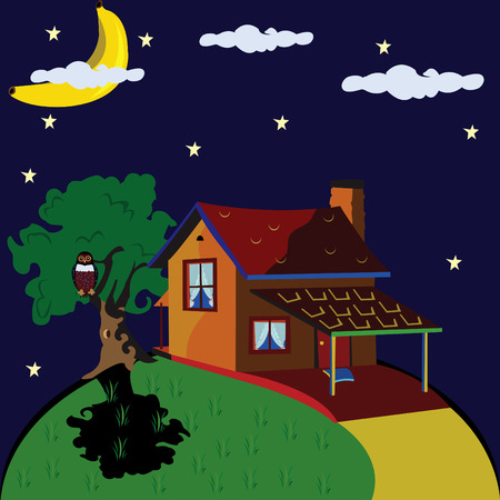 Abstract vector illustration of an lonely house at night with banana on the sky in stead of the moonのイラスト素材