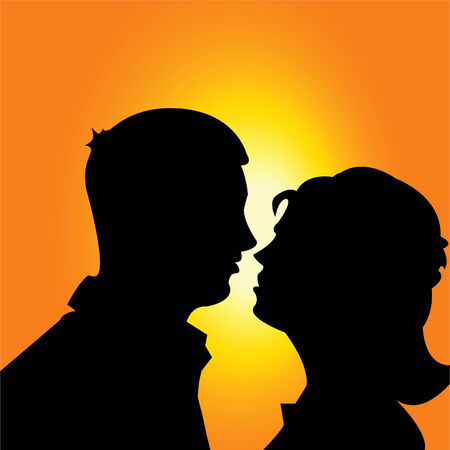 Abstract vector illustration of a silhouette of a man and a woman on sunset backgroundのイラスト素材
