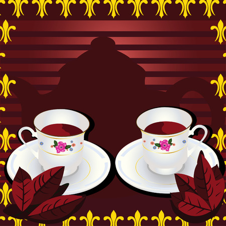 Vector illustration of two cups of tea with leafs and with a pot in background of the imageのイラスト素材