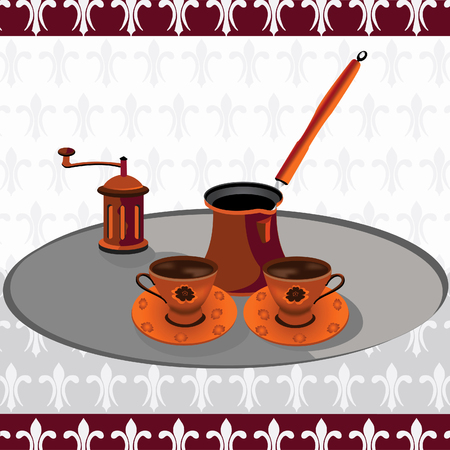Set of Turkish coffee with a grinder on a silver plate vector illustrationのイラスト素材