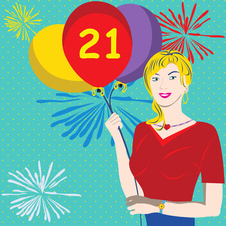 Vector illustration of a young female holding balloons. The 21 on a red balloon indicates that it's her birthday.のイラスト素材