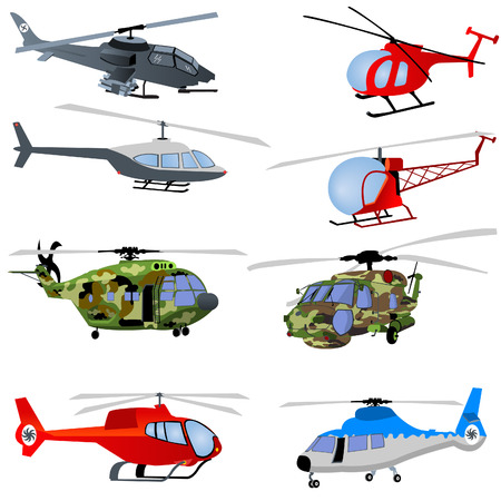 Vector illustration of different helicopters isolated on white background.のイラスト素材