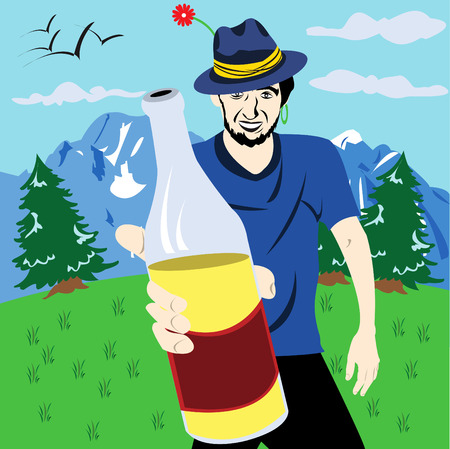 Vector illustration of a young man outdoors giving a bottleのイラスト素材