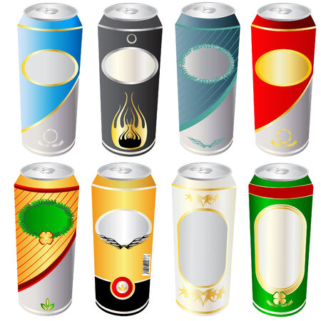 Set of eight different cans, vector illustrations isolated on white background.のイラスト素材