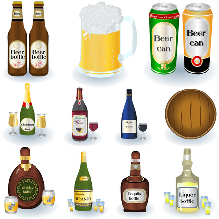 Vector illustrated set of different alcohol beverages with a barrel and bottles.のイラスト素材