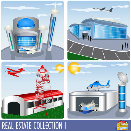 Real Estate collection 1, airport and aircraft hanger illustrationsのイラスト素材