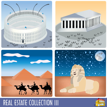 Real estate collection 3, famous ancient buildings: Colosseum, Parthenon, Pyramids and Sphinxのイラスト素材