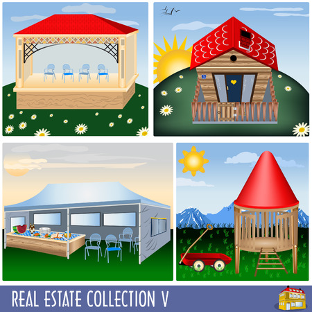 Real estate collection 5, different kind of buildings and a large tent.のイラスト素材