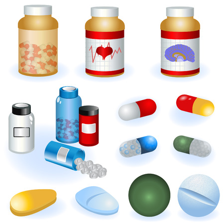 Collection of different pills and pill bottles vector illustration.のイラスト素材