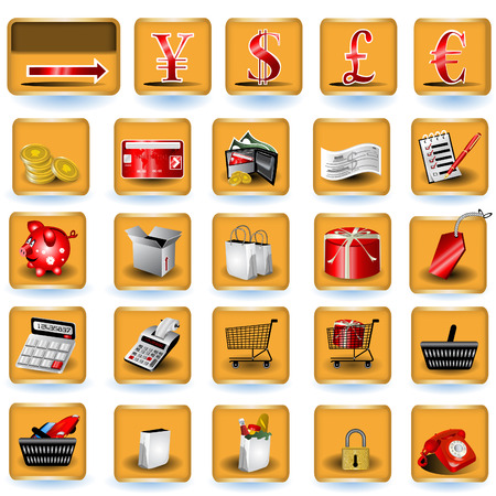 A collection of color shopping icons placed on brown buttonsのイラスト素材