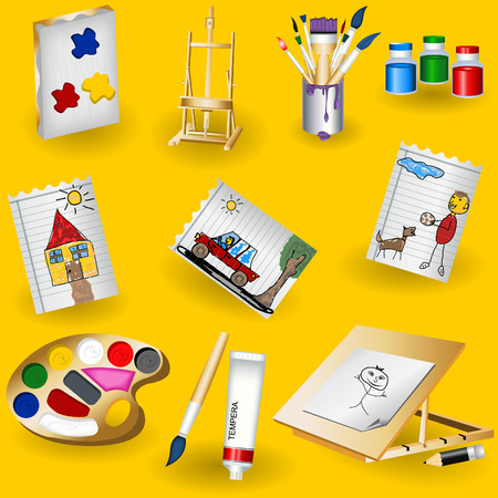 A collection of nine different painting icons on yellow background.のイラスト素材