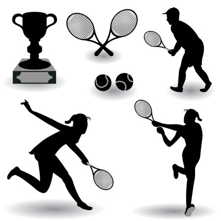 A collection of different tennis related silhouettes isolated on white background.のイラスト素材