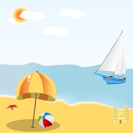 Illustration of a summer beach scene, mild colors, easy to fit in any situation.のイラスト素材