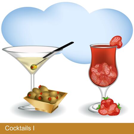 Collection of two cocktails - with olives and strawberries のイラスト素材