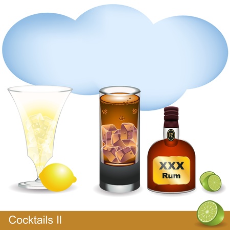 Cocktail collection illustration with appropriate fruits and a bottle of  Rum のイラスト素材