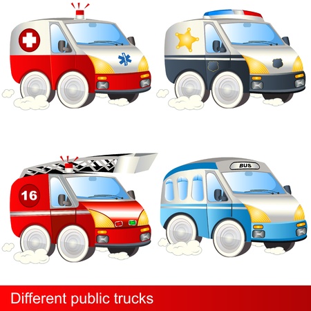 Four different public trucks  ambulance  police  firetruck bus のイラスト素材