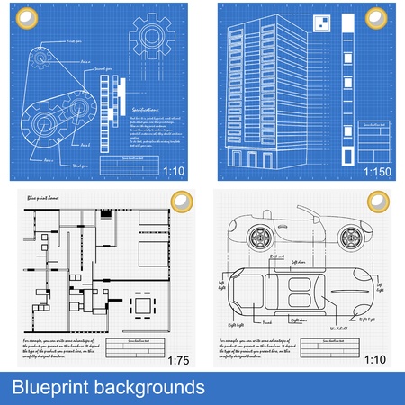 Four different blueprints: gears, a building, inside house and a car.のイラスト素材