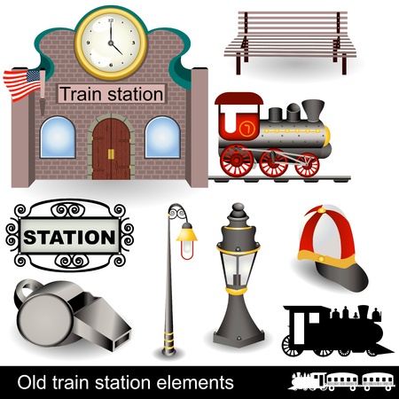 Different elements (icons) of an old train station.のイラスト素材
