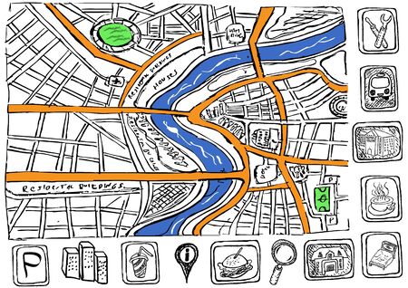 Illustration of an abstract city doodle map with icons.のイラスト素材