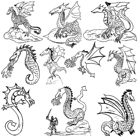Ten Doodle illustrations of different dragons.のイラスト素材