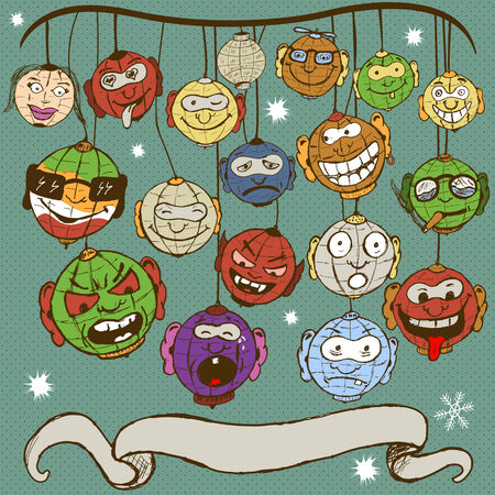 Vector illustration of different emotional lanterns with hand drawn bannerのイラスト素材