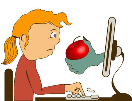 A hand from a computer monitor is offering a poison apple to a young girl のイラスト素材