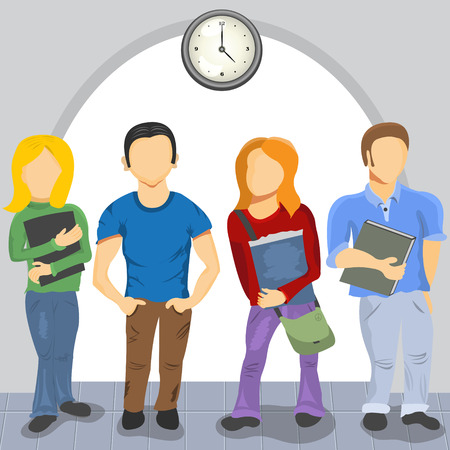Funny illustration of a small group of high school students in front of the watch.のイラスト素材