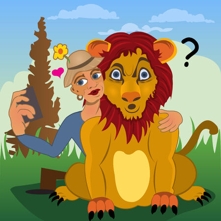 Man is trying to get a selfie with a lionのイラスト素材