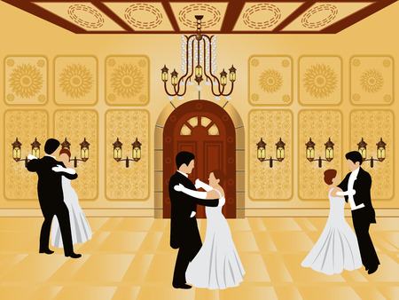 cartoon interior - vector illustration of a ballroom along with waltz dancers.のイラスト素材