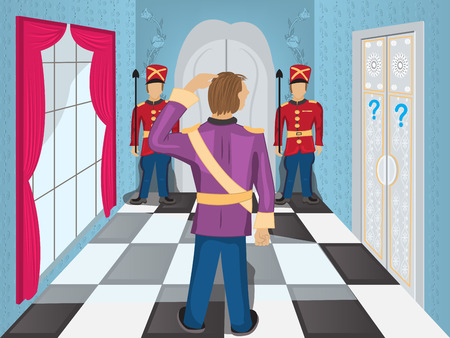 Cartoon Illustration of a hall with guards in front of the door, and a hero who is wandering what to do next.のイラスト素材