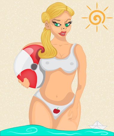 Vector illustration of a young woman in water holding a beach ball.のイラスト素材