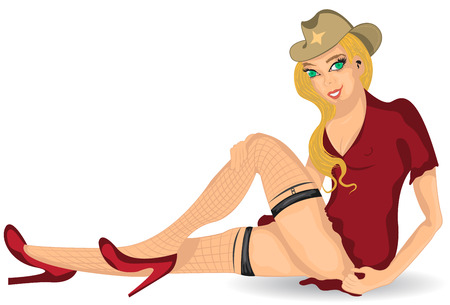 Cartoon vector illustration of a blond sexy girl with a cowboy hat isolated on white background.のイラスト素材