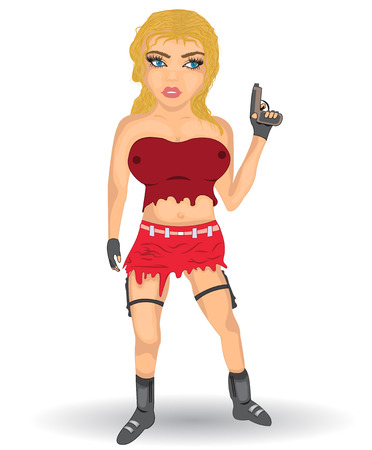 Cartoon vector illustration of a young female holding a handgunのイラスト素材