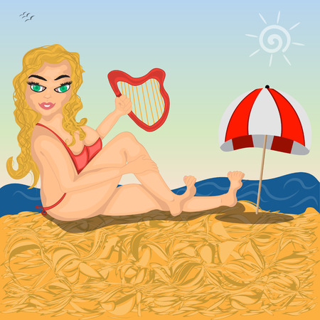 Vector illustration of a beautiful girl on the beach holding her lira.のイラスト素材