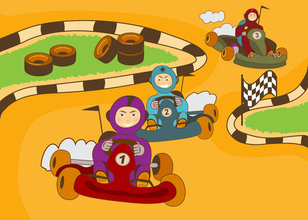 vector illustration of happy kids in a kart racingのイラスト素材