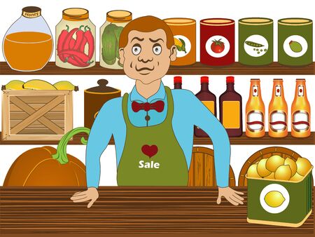 Vector illustration of a grocery salesman in his store shop.のイラスト素材