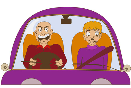 Funny illustration of a nervous driver without a seat belt is yelling at something, while his passenger is looking sad.のイラスト素材