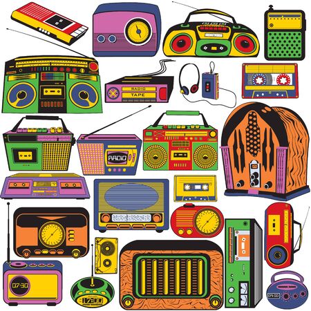 Great vector collection of different radio and cassettes colored in pop art style.のイラスト素材