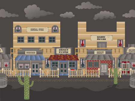 Vector illustration of an old western town tillable background - night.のイラスト素材