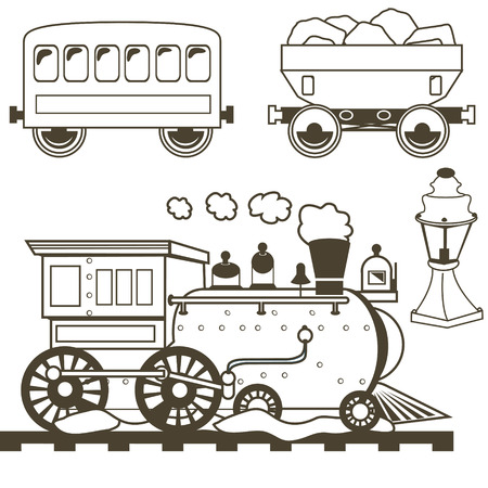 illustration collection of old west trains with wagons and a lamp, outlined.のイラスト素材