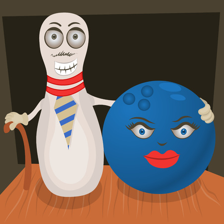 smiling bowling pin with his date ballのイラスト素材