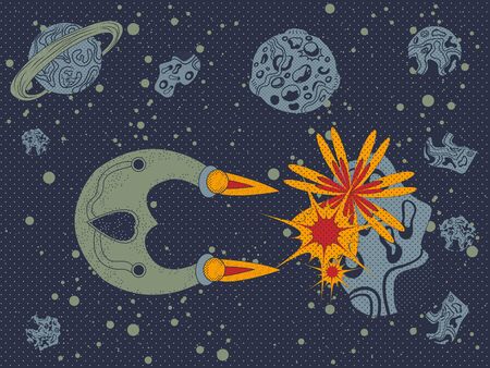 Vector illustration of a spaceship destroying planets or asteroids.のイラスト素材