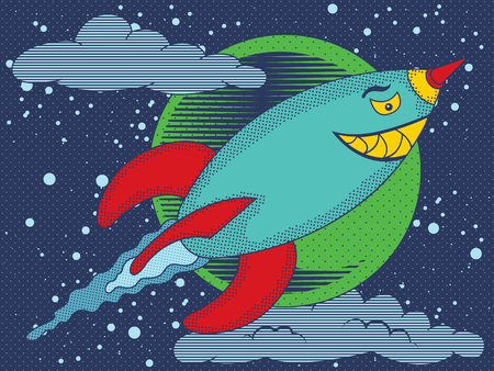 Vector illustration of nasty smiling airborne missile in vintage comics style.のイラスト素材