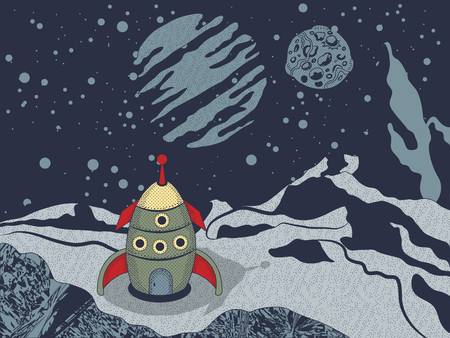 Vector illustration of space rocket on alien world in retro comics vintage style.のイラスト素材