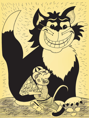 happy mouse is stealing a cheese. He don't see that cat is watching him, because he think he outsmart the cat. vector illustration in old comics style.のイラスト素材