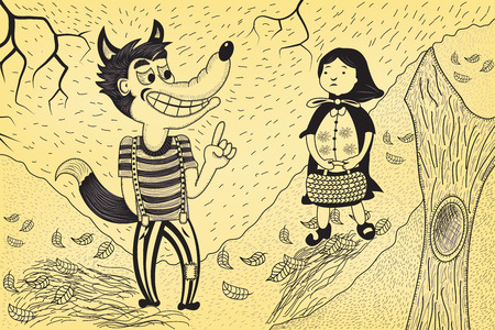 Little red riding hood meets wolf in a forest. Vector illustration in old comics style for fairy tail.のイラスト素材